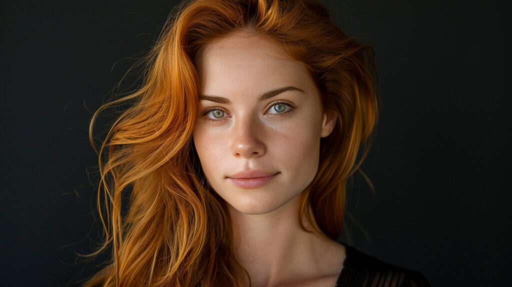 A woman with red hair is posing against a black background.